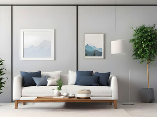 Frame mockup, ISO A paper size. Living room wall poster mockup. Interior mockup with house background. Modern interior design. 3D render