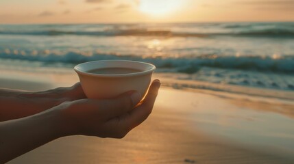 The close up picture of the person is holding the cup of the coffee by their own hand also walking at the side of the beach near the sea or an ocean that has been shine by the light from a sun. AIG43.