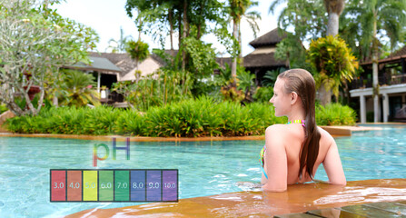 Thoughtful teenage girl swimming in a swimming pool against the background of a graphic pH indicator displaying the acid-alkaline properties of water and its effect on skin condition