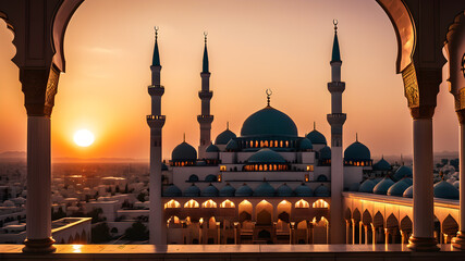 Sunset islamic mosque view, Generative AI