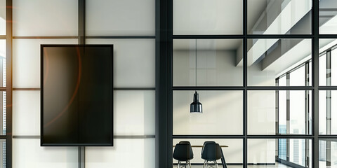 A Mockup Black poster or sign on the internal wall of a modern office