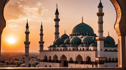Sunset islamic mosque view, Generative AI