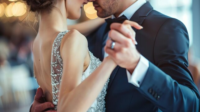Realistic closeup of a sophisticated couple dancing at a gala, with elegant attire and graceful movements