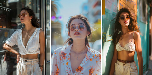 Set of female summer street portraits. Fashionable young woman posing in a street