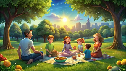 Family enjoying a picnic in the park on a sunny day