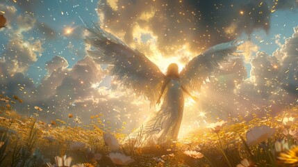 A golden angel with wings is flying over a field of golden grass
