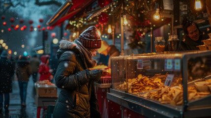 Naklejka premium A close up of a person eating fish and chip at a marketplace in winter time in europe.