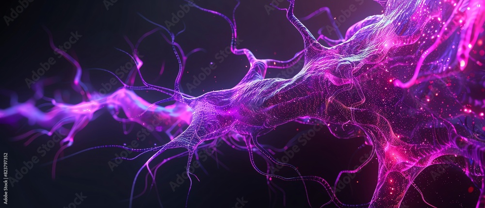 Wall mural Violet color digital hologram futuristic brain neuron link on a neuron connection, Artificial intelligence concept, isolated on black background - Wall murals