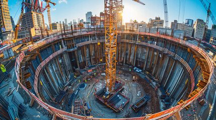 A construction site with a large hole in the ground