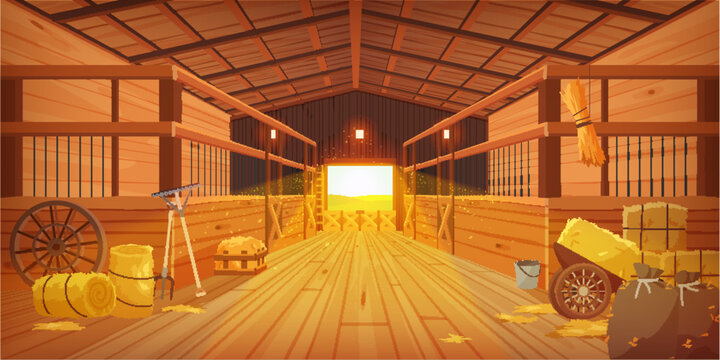 Wooden farm barn on ranch, countryside house with wood sheds for cows and horses, hay for animal feed cartoon vector illustration. Empty stable inside, perspective view of aisle with stalls and gate