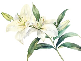 A delicate white lily with green leaves, watercolor on white background