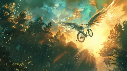 Take me on a ride to the heavens. Soar through the air on a bicycle with wings. The wind in my hair, the sun on my face, and the freedom of the open sky.
