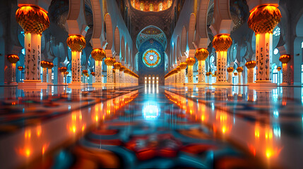 Obraz premium A serene Eid-al-Adha scene with an Islamic background of intricate patterns and designs, illuminated by soft lights