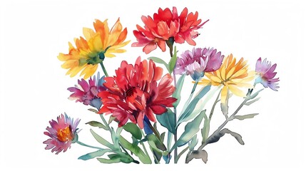 A bunch of multicolored asters, watercolor on white background