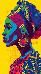 Striking pop art illustration featuring a profile of an african woman against a vivid yellow background, adorned with traditional jewelry