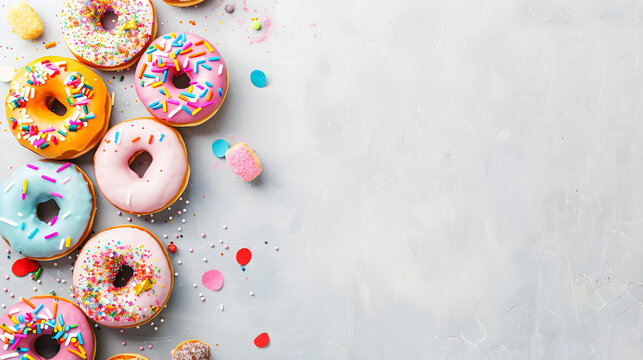 Horizontal banner with lots of colorful donuts covered with icing and confetti on a light gray background. Perfect for National Donut Day celebration or bakery promotion.