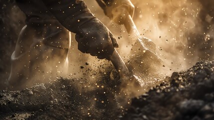 A closeup of a miner extracting coal from a seam in a coal mine, with clouds of dust and debris, captured in dramatic lighting