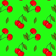Seamless pattern of a twig of ripe cherry with a leaf on a green background