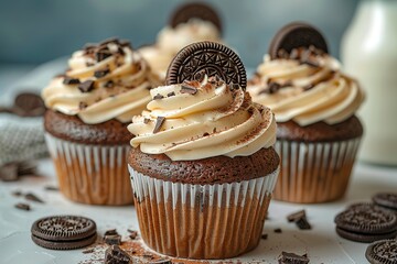 Three cupcakes with chocolate frosting and chocolate chips on top