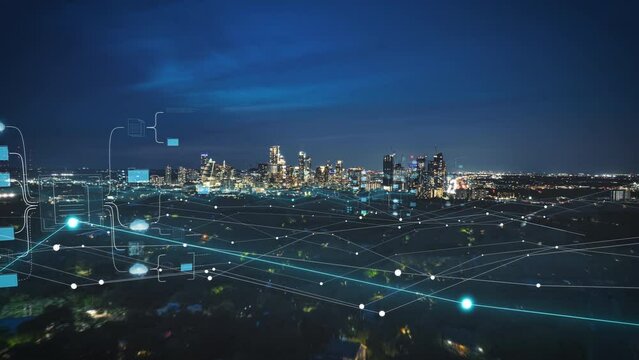 American city skyline at dusk with a modern data overlay, featuring innovative data visualization and infographics in a dynamic time lapse