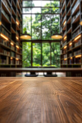 A wooden table in the foreground with a blurred background of a library reading room. The background features tall bookshelves filled with books, comfortable reading chairs and large windows