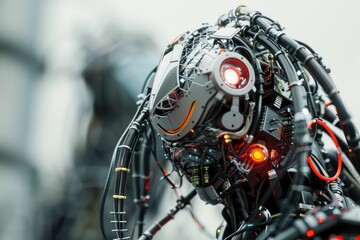 Fototapeta premium close-up view of a fantasy high-tech creature nano-bot character weaved of different various wires, microprocessors and tiny parts