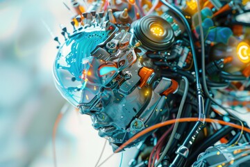 Fototapeta premium close-up view of a fantasy high-tech robot character weaved of different various wires, microprocessors and tiny parts