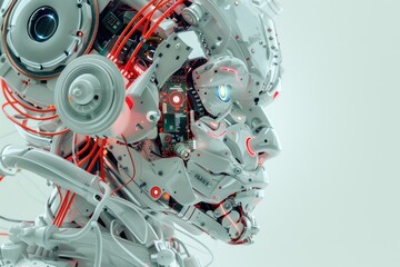 Fototapeta premium close-up view of a fantasy high-tech robot character weaved of different various wires, microprocessors and tiny parts