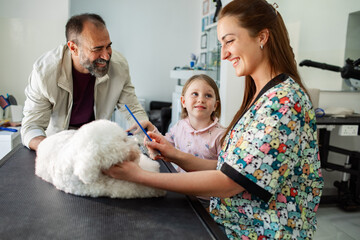 Father and daughter with a pet groomer grooming their dog at a salon