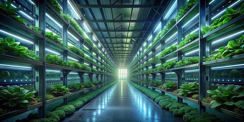 Indoor vertical farm facility with rows of leafy greens and herbs growing vertically, using sustainable farming practices for urban agriculture 