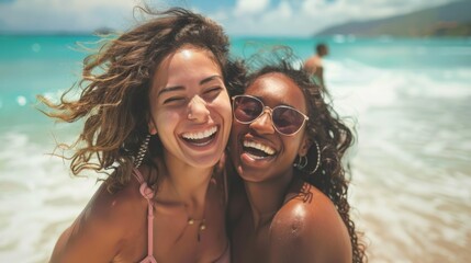 Two women smiling and wearing sunglasses on a beach