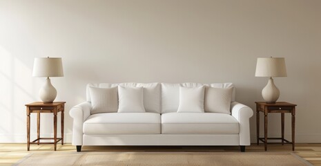 A simple and elegant white sofa in the living room with two side tables, a lamp on each table, and a wooden floor. The background is a plain light beige