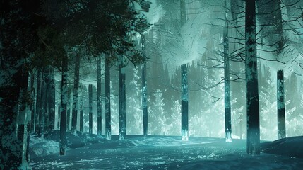 Obraz premium A dark and mysterious forest with a glowing blue light in the distance