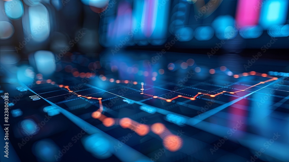 Poster visualizing financial success - detailed analysis report with dynamic charts and graphs on blue back