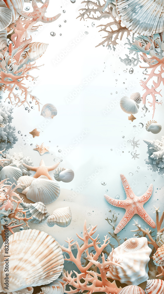 Sticker shell and coral frame with copy space and underwater elements in pastel color palette