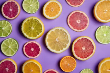 Fresh juicy lemon, orange, lime, grapefruit slices on purple background. Flat lay, top view. Citrus fruits cut. Summer freshness, ingredients for cocktail, poster design. 
