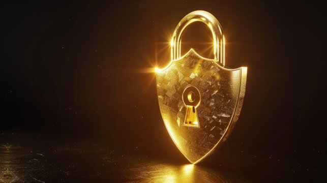 Golden padlock, shield shaped, password security, identification by safe technology for privacy and confidential data network