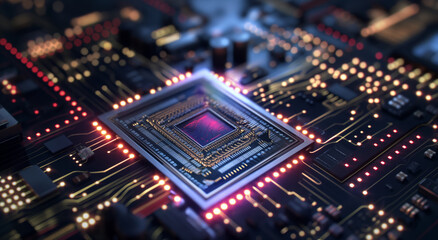 The image shows a detailed view of a computer chip installed on a motherboard, highlighting intricate design and advanced technology. Perfect for tech enthusiasts. Generative AI.