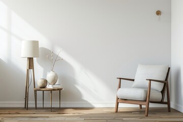 A simple, empty room with white walls and wooden floors. There is an elegant midcentury modern chair next to the wall