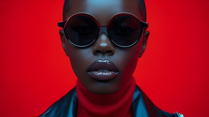 Close-up - African American female - red background - sunglasses - stylish fashion 