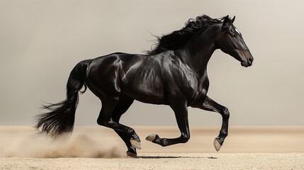 Majestic black stallion galloping with grace against a pristine white backdrop