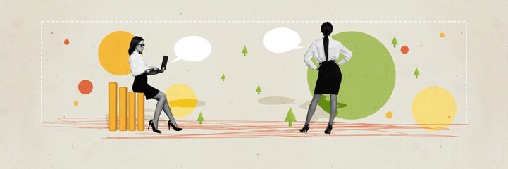 Trend image 3D photo collage of horizontal panorama two lady project result hold laptop textbox...