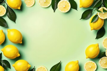 Slices of fresh juicy lemons on light green background with place for text. Copy space. Citrus fruits cut backdrop. Summer freshness, poster design. Flat lay, top view 