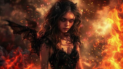 A woman in a black dress stands in front of a fire with bats flying around her