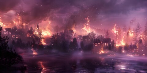 Fototapeta premium Artistic depiction of a fantasy village engulfed in flames. Concept Fantasy, Village, Flames, Artistic Depiction, Apocalypse