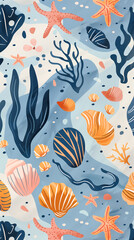 Pattern with marine life elements including seaweed, shells, and starfish on light blue background