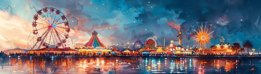 A whimsical carnival with magical rides and glowing lights, watercolor on white background