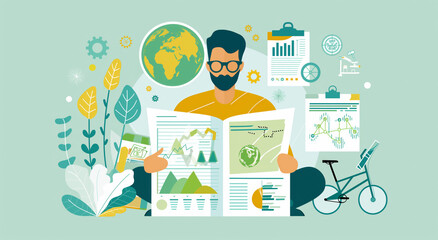 A bearded man is absorbed in reading a newspaper, surrounded by a bike, globe, graphics, and a plant, symbolizing environmental awareness and sustainability. Generative AI.