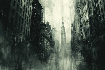 Obraz premium Dramatic aerial view of a monochromatic cityscape, featuring skyscrapers and buildings with a grungy texture and distressed edges