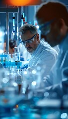 A scientist wearing a lab coat and safety goggles works in a laboratory. He is surrounded by beakers, test tubes, and other scientific equipment.